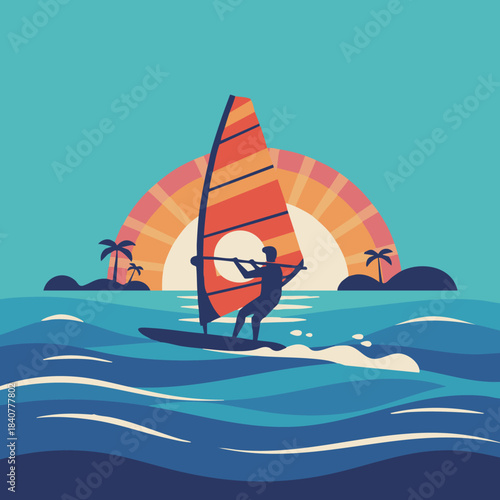 retro windsurfer riding sunset waves