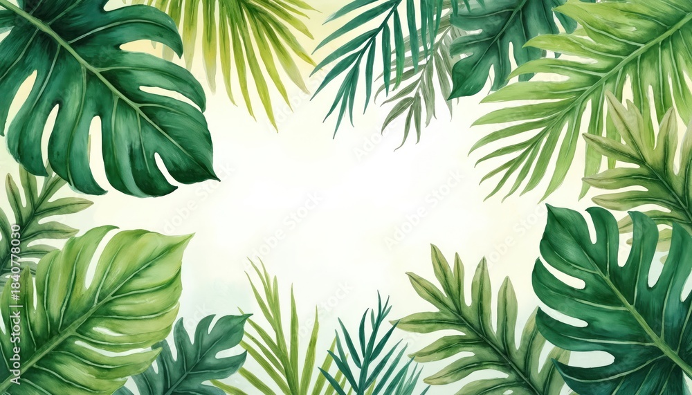 Obraz premium Border of various green tropical leaves on light yellow background. Image features monstera palm and philodendron plant foliage creating natural jungle frame. This rich design adds fresh organic feel.
