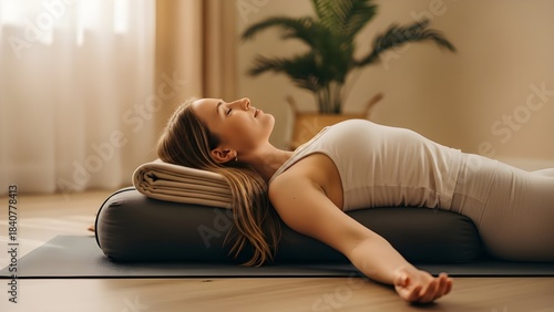 Woman resting in a supported yoga pose with eyes closed in a calm studio, practicing deep relaxation, breath awareness, and mindful recovery in a warm, peaceful indoor setting.