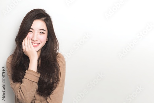 A charming Asian girl with a joyful smile, surrounded by a gentle glow, dressed in a casual cotton top, standing playfully on a clean white background for a fresh and lively atmosphere