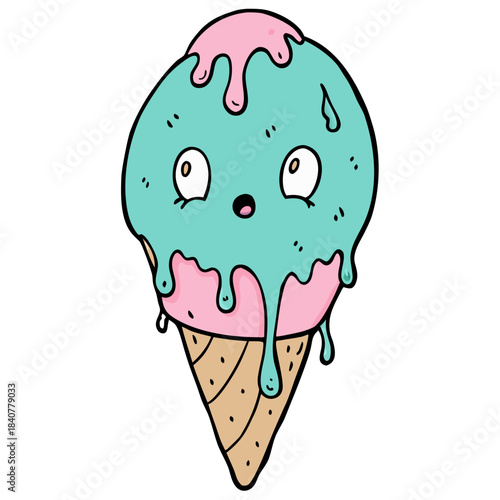 A cute, slightly distressed cartoon drawing of an ice cream cone with a blue scoop covered in melting pink topping, dripping down the sides.