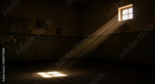 a light shining through a window in an old building