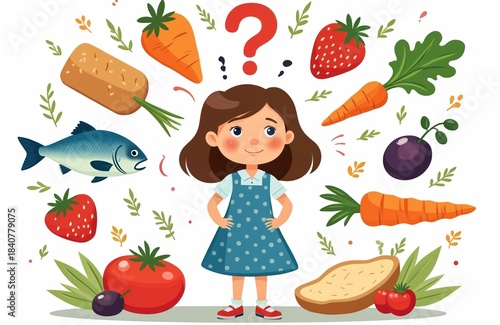 Young girl confused by food choices surrounded by fruits vegetables fish bread. Question mark above head shows dilemma for diet nutrition and healthy eating decisions.