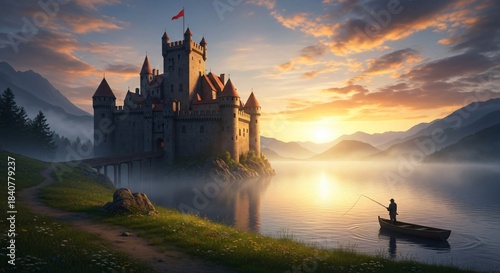 a castle in the middle of a lake at sunset