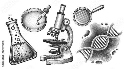 science equipment collection, microscope, flask, petri dish with a dropper, and DNA double helix, laboratory elements set in retro halftone style