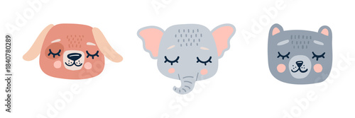Cute animal faces vector set with adorable cartoon characters. Bear, dog, elephant heads for kids design. Perfect for nursery decoration, baby shower, birthday party prints. Vector illustration
