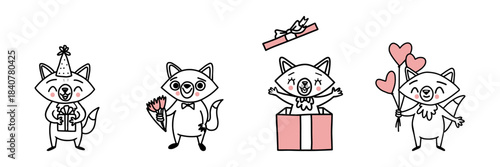 Cute fox character set with party hats, balloons, and a gift box. Holiday doodle animal mascot in pink and black colors for birthday celebration, Christmas decoration, and kids' festive designs.