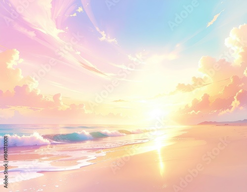 Serene Ocean Sunrise With Pastel Clouds Reflecting Golden Light On Sandy Beach
