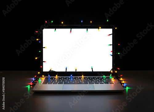 Festive lights around laptop with clear transparent screen on dark background for holiday mockup design