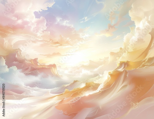 Golden Hour Sky With Wispy Clouds And Sun Rays Casting A Warm Light Over A Dreamlike Landscape In Soft Pastel Colors