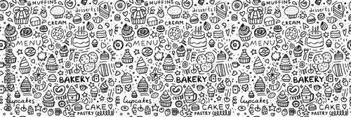 Bakery doodle seamless pattern with hand-drawn pastries, croissants, and bread. Vector background with sweet cakes, donuts, and breakfast food elements in line art style.
