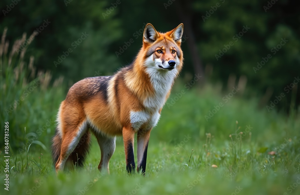 Obraz premium Maned wolf stands alert in rich green grassy meadow. This wild canine has striking reddish-brown fur with white chest markings, large ears, and slender legs in a natural forest setting.