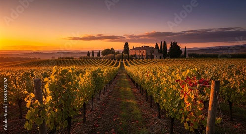 the sun is setting over the vineyards