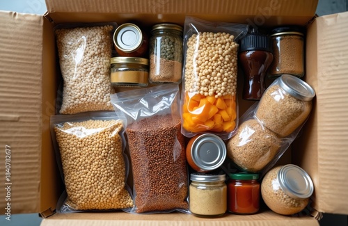 Cardboard box filled with various nonperishable food items like grains legumes and canned goods for emergency preparedness or long term storage.