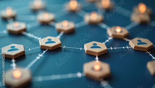 Wooden hexagons with people icons form a network. Thin white lines connect shapes, suggesting community or business links. Nodes glow softly with orange light on a dark blue background.