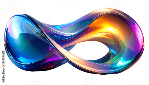 A glossy, colorful Mobius strip rendered in vibrant blues, golds, and purples on black