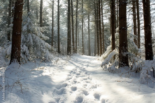 Wallpaper Mural Exploring a serene winter forest trail blanketed in fresh snow with tall pines and sunbeams breaking through the trees Torontodigital.ca