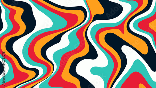 Abstract Retro Orange and Teal Liquid Marble Vector Background, Colorful Psychedelic Wavy Pattern.