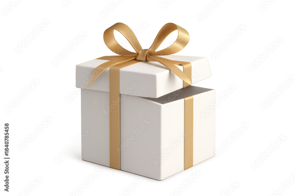 Obraz premium White gift box with an open lid and golden ribbon, ideal for concepts of surprise, giving, presents, and celebrations, isolated