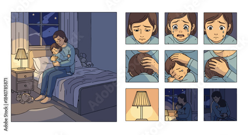 Parent comforting crying child in bedroom at night