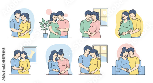 Expecting parents embracing in various cozy home settings