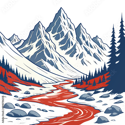 A stylized, graphic illustration depicting a dramatic mountain range covered in snow, with a vibrant red river carving a path through the foreground valley, flanked by dark evergreen trees.