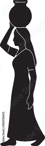 Silhouette of woman carrying water pot on head