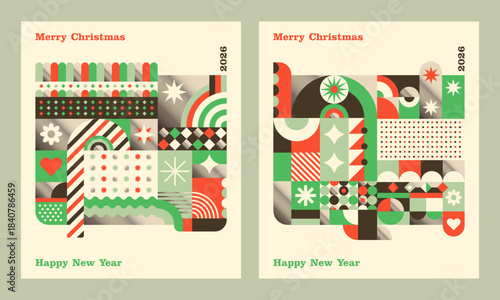 Christmas cards design in an abstract style with various geometric shapes. Vector illustration.