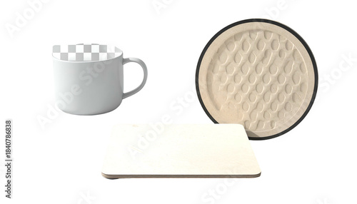 A mug, round coaster, and rectangular coaster isolated on black