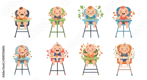 Babies eating messy food in high chairs