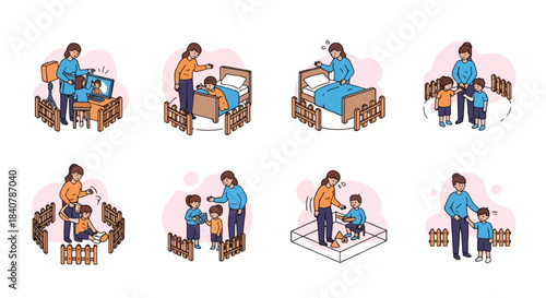 Mother and child daily routine scenes