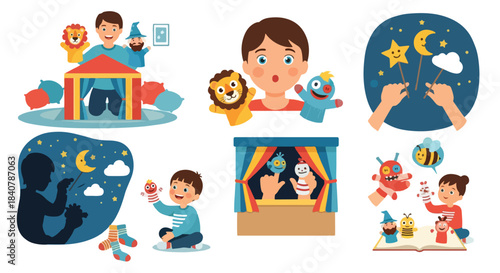 Children playing with puppets and toys