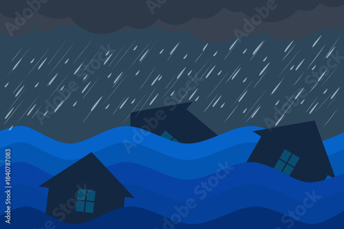 Minimalist vector illustration of submerged houses in heavy rain and flood waves