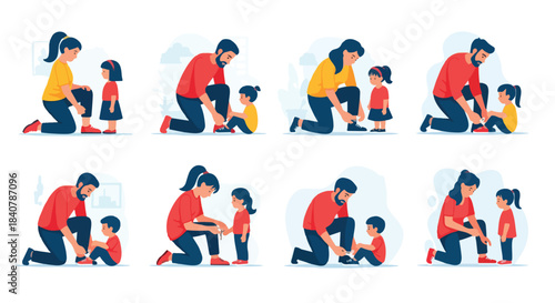 Parent helping child put on shoes