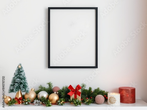 Christmas decor: festive ornaments, tree, and candle by wall frame