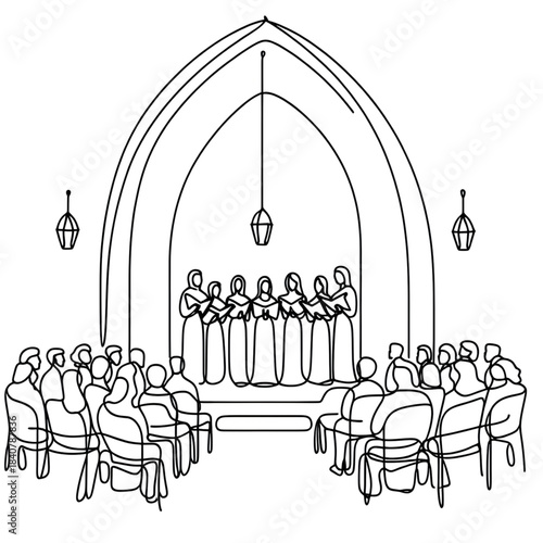 Continuous line art depicting choir performance inside church building, religious choir performance showing singers on stage and audience seated on chairs.