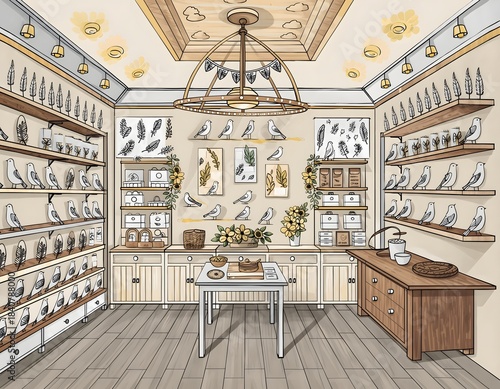 Bird Shop Template Featuring Tiny Feather Line-Art Icons for Minimalist Pet and Avian Branding