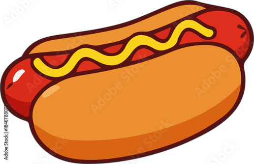 Vector illustration of a fast food hot dog sandwich with mustard and ketchup on a bun