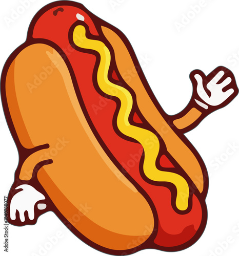Vector illustration of a fast food hot dog sandwich with mustard and ketchup on a bun