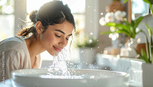 Refreshing facial cleanse with water splashing