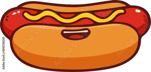 Cartoon vector illustration of a fast food hot dog sandwich with mustard and ketchup on a white background