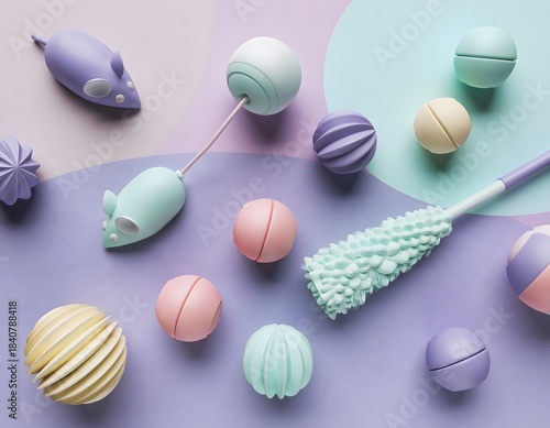 Cat Toy Pattern in Pastel Shades, Cute Seamless Pet Illustration