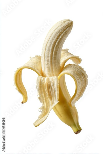 Banana sbucciata a metà, polpa matura e morbida, isolata su sfondo bianco trasparente