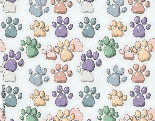Cute Pastel Paw-Print Seamless Background, Adorable Animal Pattern Design