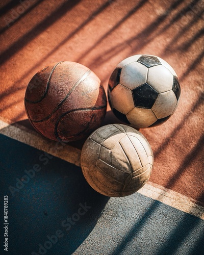 Tre palloni da basket su un campo da gioco