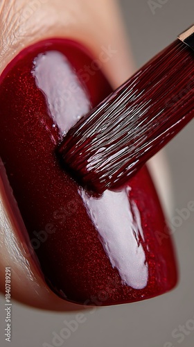 Immagine ravvicinata dell'applicazione di smalto rosso scuro su un'unghia di donna con un pennello