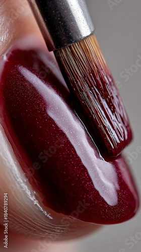 Primo piano dell'applicazione di smalto rosso scuro su un'unghia di donna con un pennello