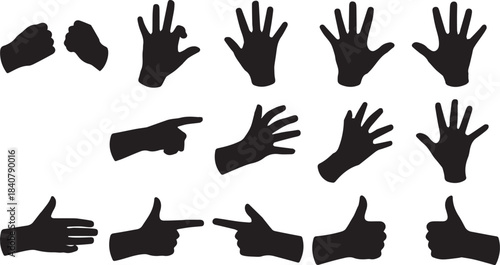 Collection of black silhouette hand gestures and poses for design