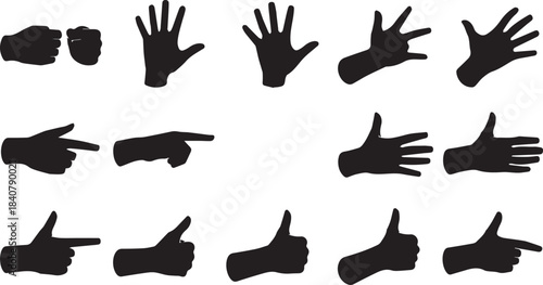 Collection of hand gestures silhouettes pointing, thumbs up, open hands, clenched fists