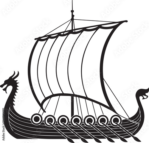 Black and white silhouette of a viking longship with dragon head and sail